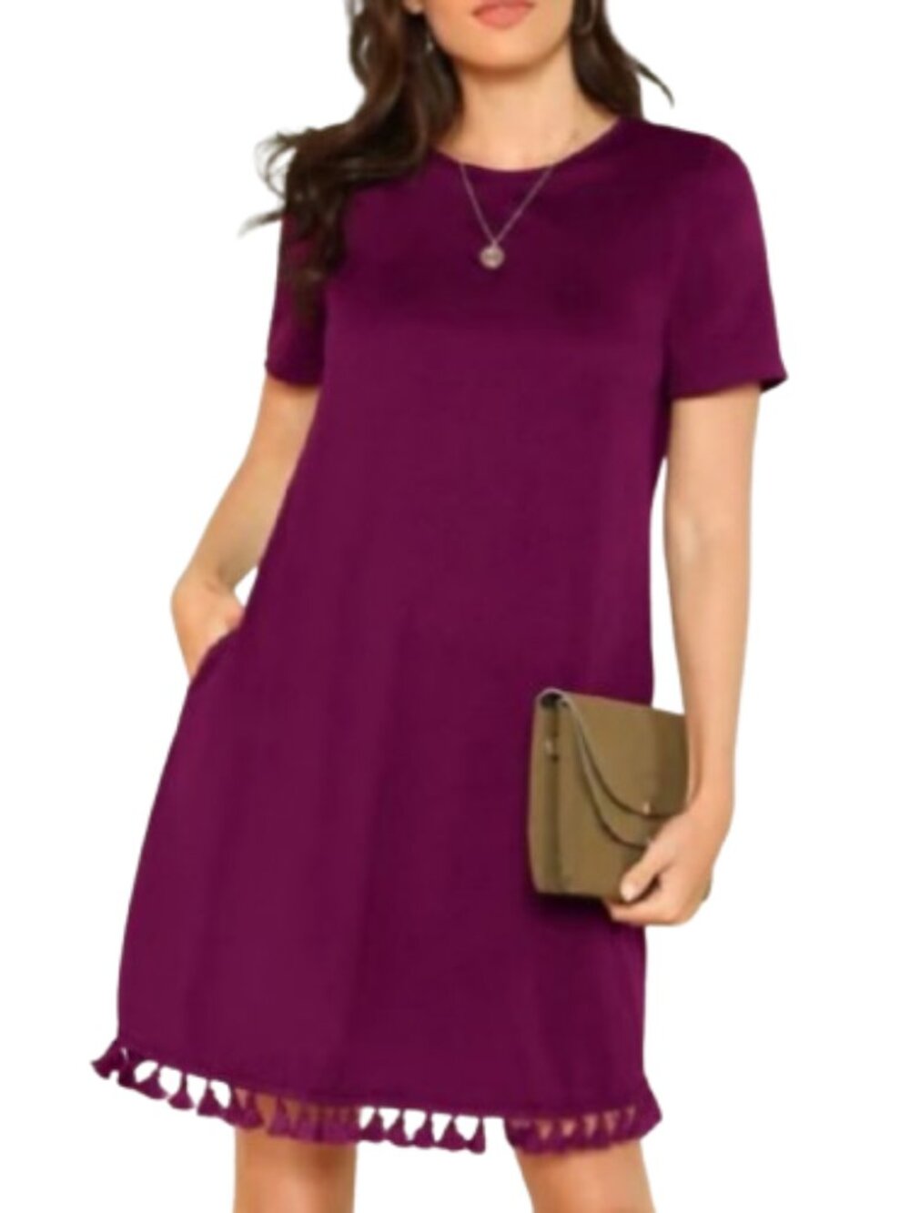 SHEIN Raspberry Pink Short Sleeve T-Shirt Dress Tassel Trim Pockets Crewneck